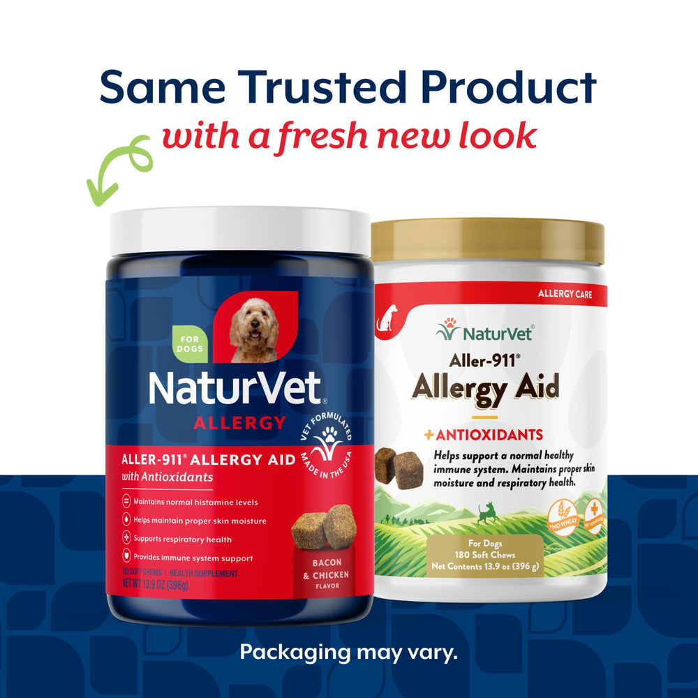 NaturVet Aller-911 soft chews pour highlights easy daily dosing for pets.