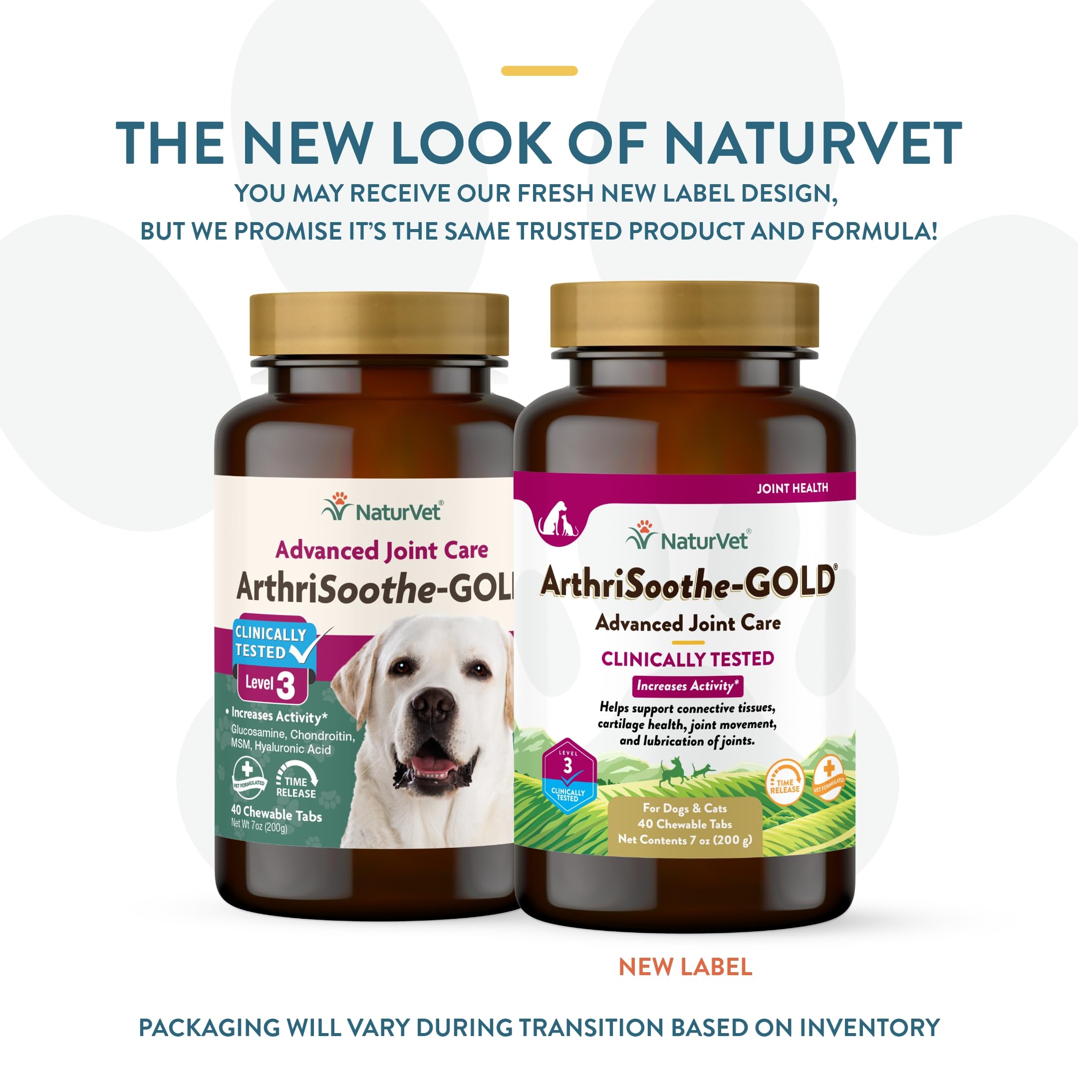NaturVet ArthriSoothe-GOLD Level 3 bottle side view shows easy-to-dispense chew tablets.