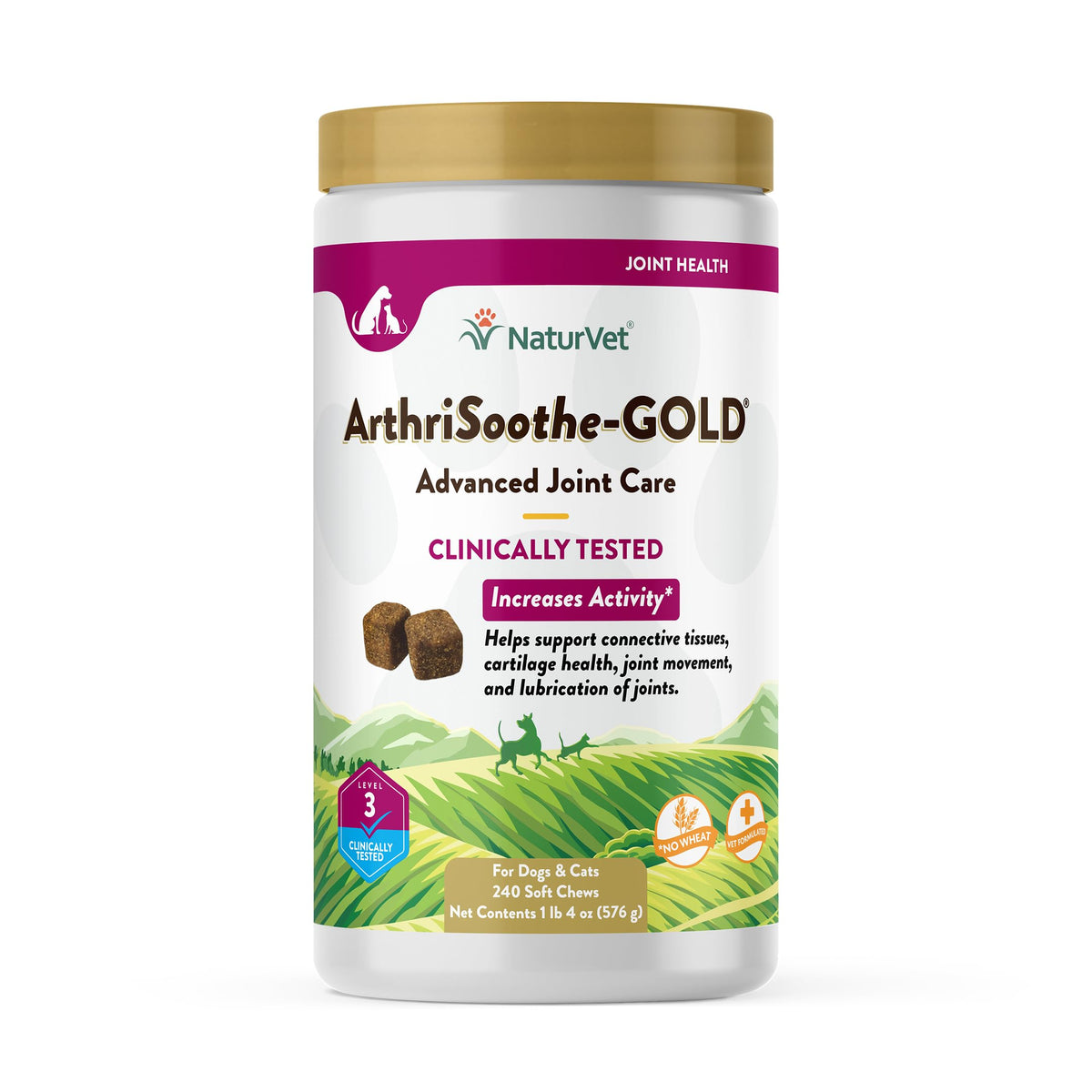 NaturVet ArthriSoothe-Gold Level 3 bottle showing joint-support soft chews for dogs