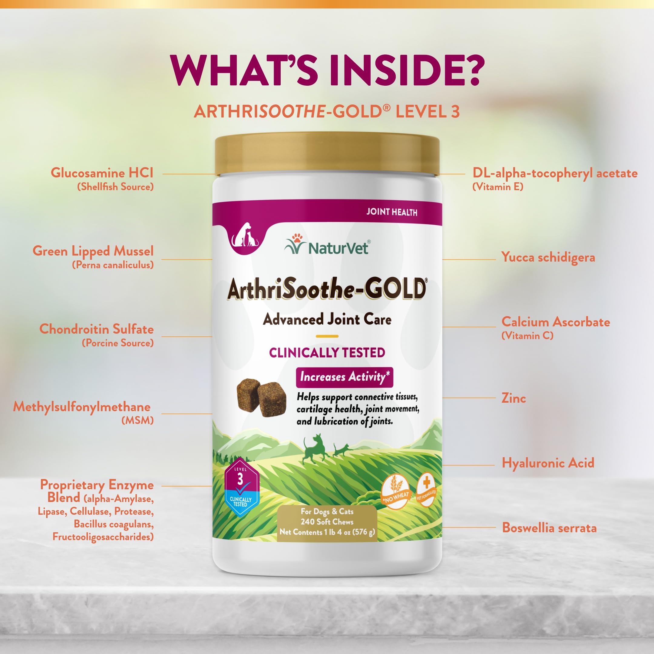 NaturVet ArthriSoothe-Gold Level 3 ingredients list highlights glucosamine and more