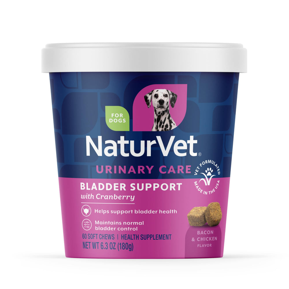 NaturVet bladder support plus cranberry packaging showing 60 soft chews for daily use