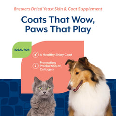 Pouring NaturVet Brewers Dried Yeast onto a dog or cat meal from a shaker