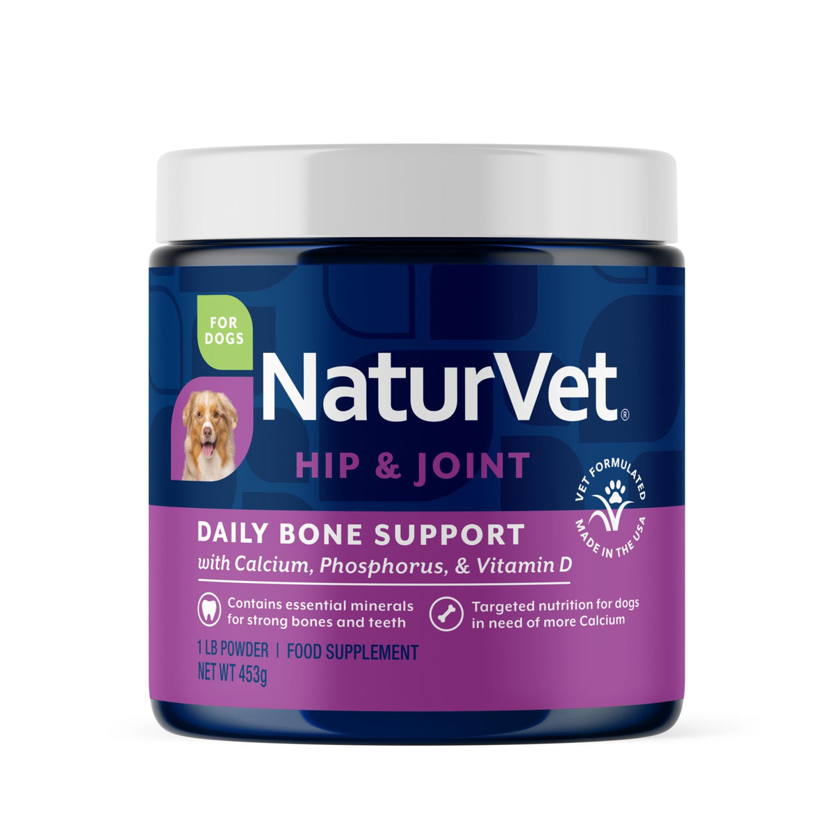 NaturVet calcium-phosphorus for dogs bottle label highlighting color-free bone health.