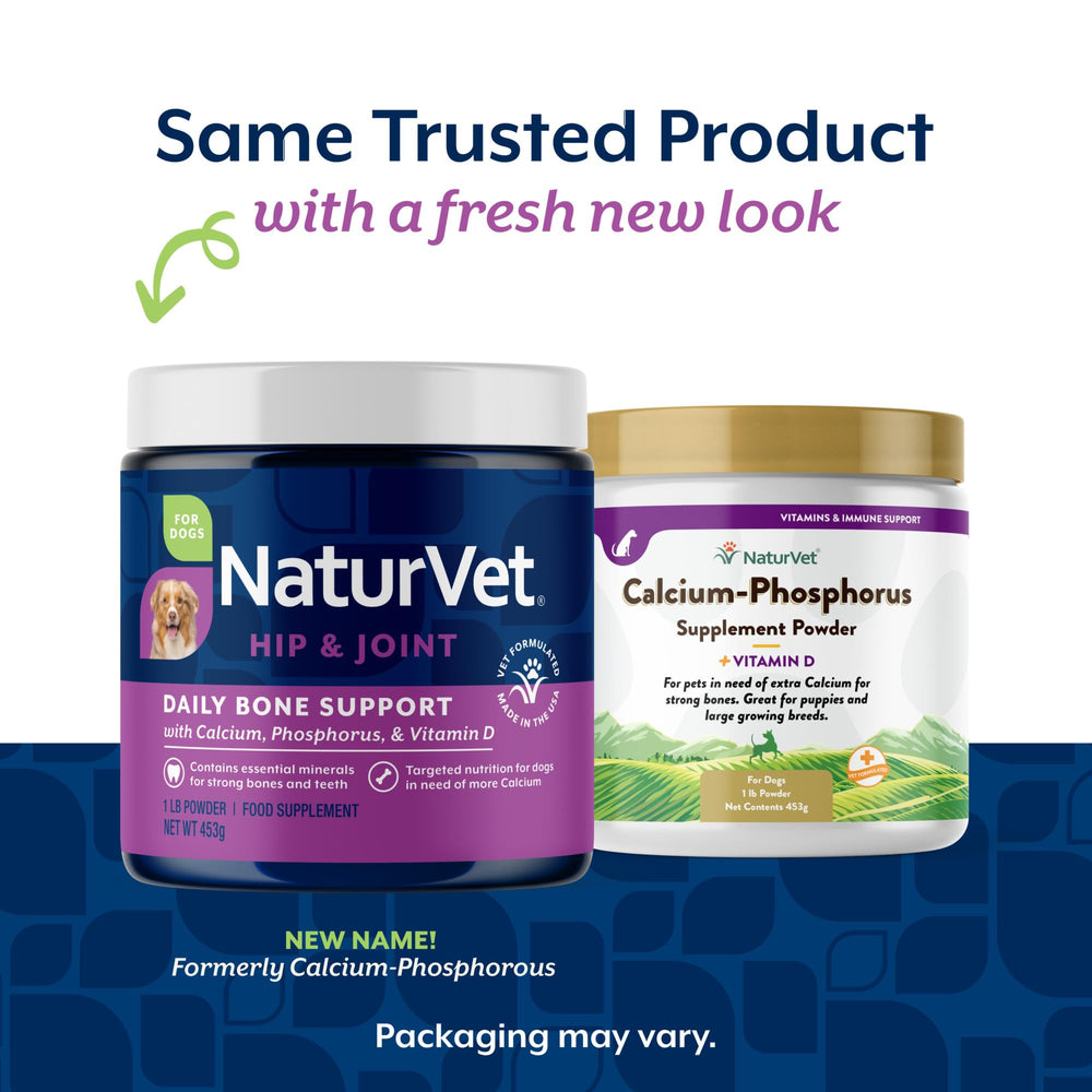 NaturVet calcium-phosphorus powder for dogs ready to mix with meals.