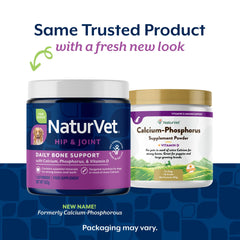 NaturVet calcium-phosphorus powder for dogs ready to mix with meals.