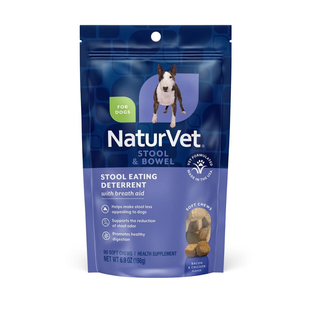 NaturVet Coprophagia Deterrent Soft Chews bottle highlights a vet-approved stool-eating deterrent for dogs