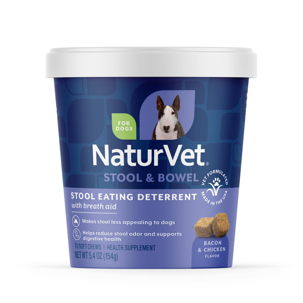 NaturVet Coprophagia Deterrent soft chews jar on shelf helps deter stool eating