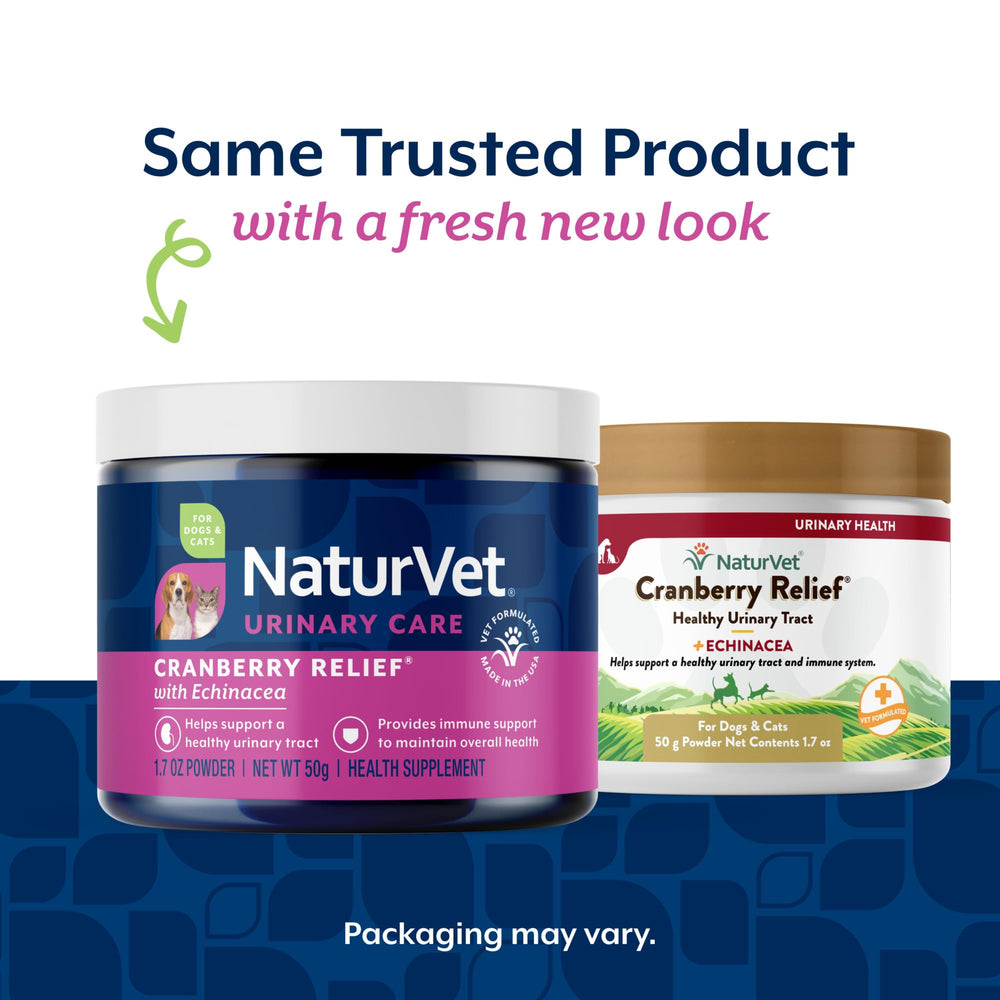 NaturVet Cranberry Relief Plus Echinacea powder-dispense highlights convenient feeding.