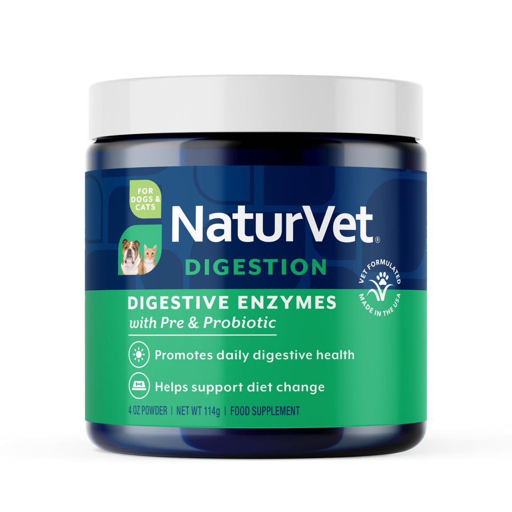 NaturVet digestive enzymes for dogs powder in a tub, supports a healthy digestive tract.