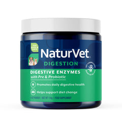NaturVet digestive enzymes for dogs powder in a tub, supports a healthy digestive tract.
