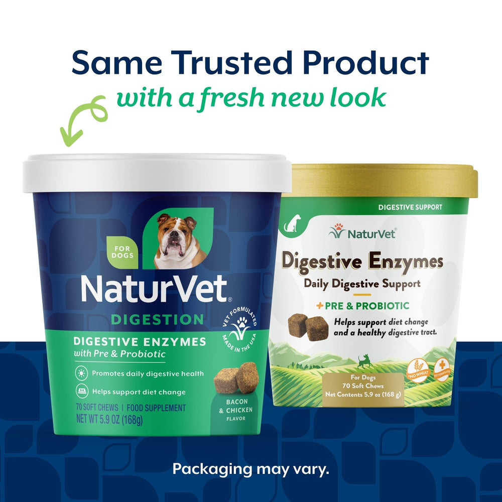 NaturVet Digestive Enzymes ingredient panel with alpha-amylase and protease supports nutrient breakdown.
