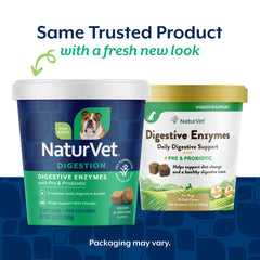 NaturVet Digestive Enzymes ingredient panel with alpha-amylase and protease supports nutrient breakdown.