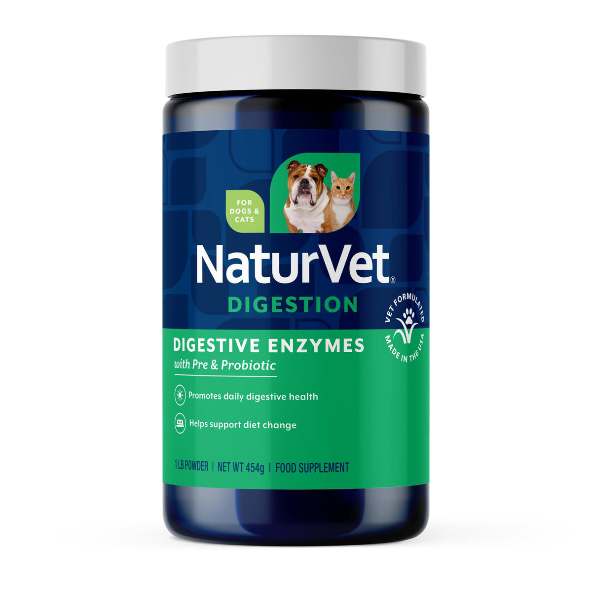 NaturVet Digestive Enzymes powder bottle supports digestion for dogs and cats