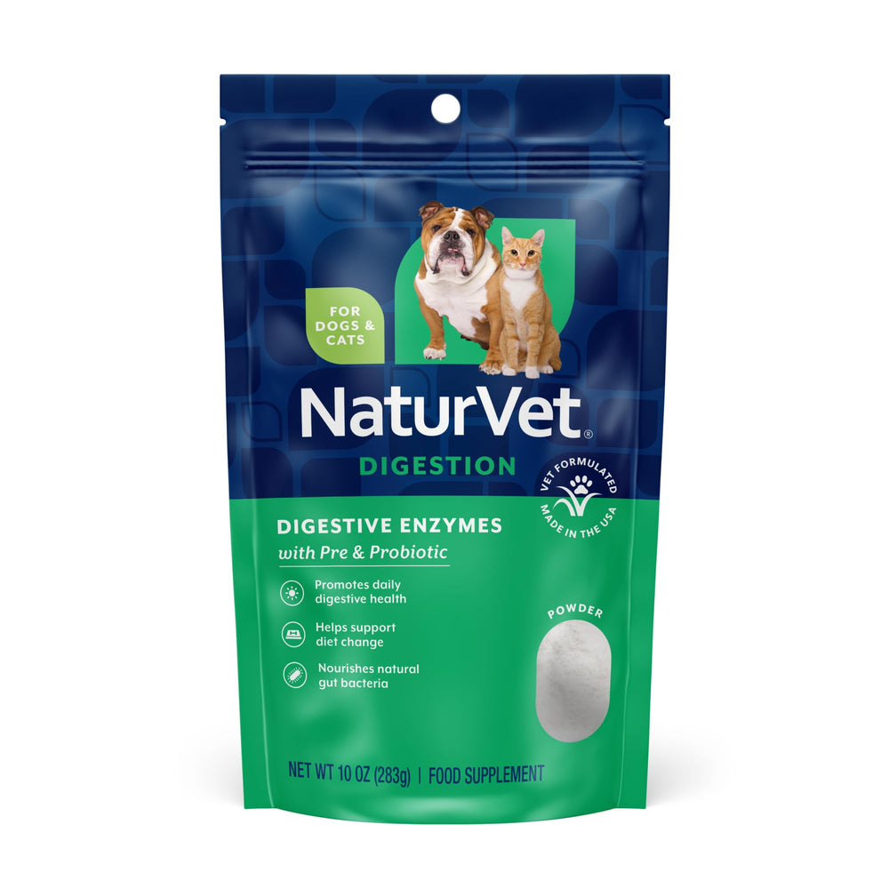 NaturVet Digestive Enzymes powder bottle aiding digestion during diet changes.