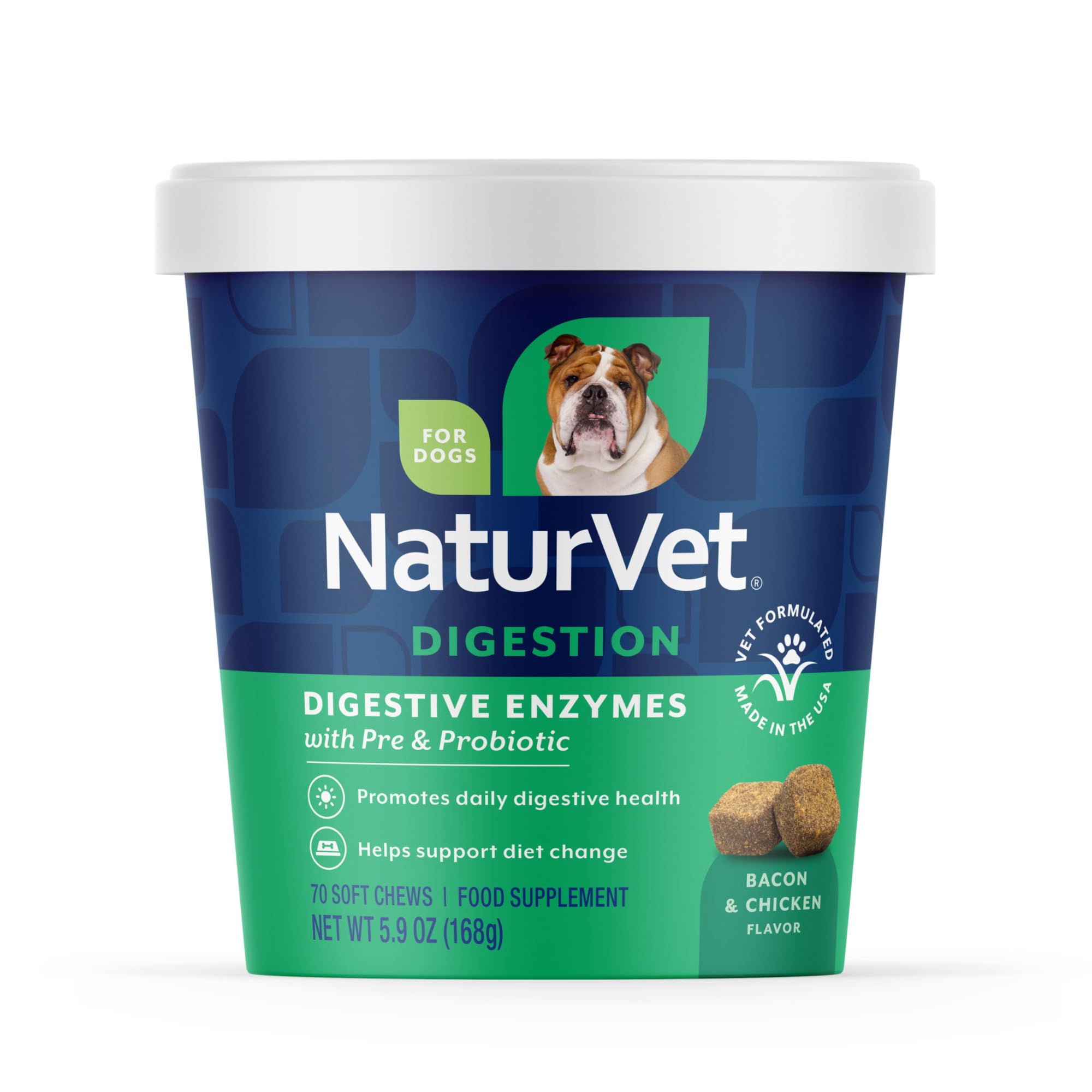 NaturVet Digestive Enzymes soft chews bottle, convenient 70-count for daily digestion support.