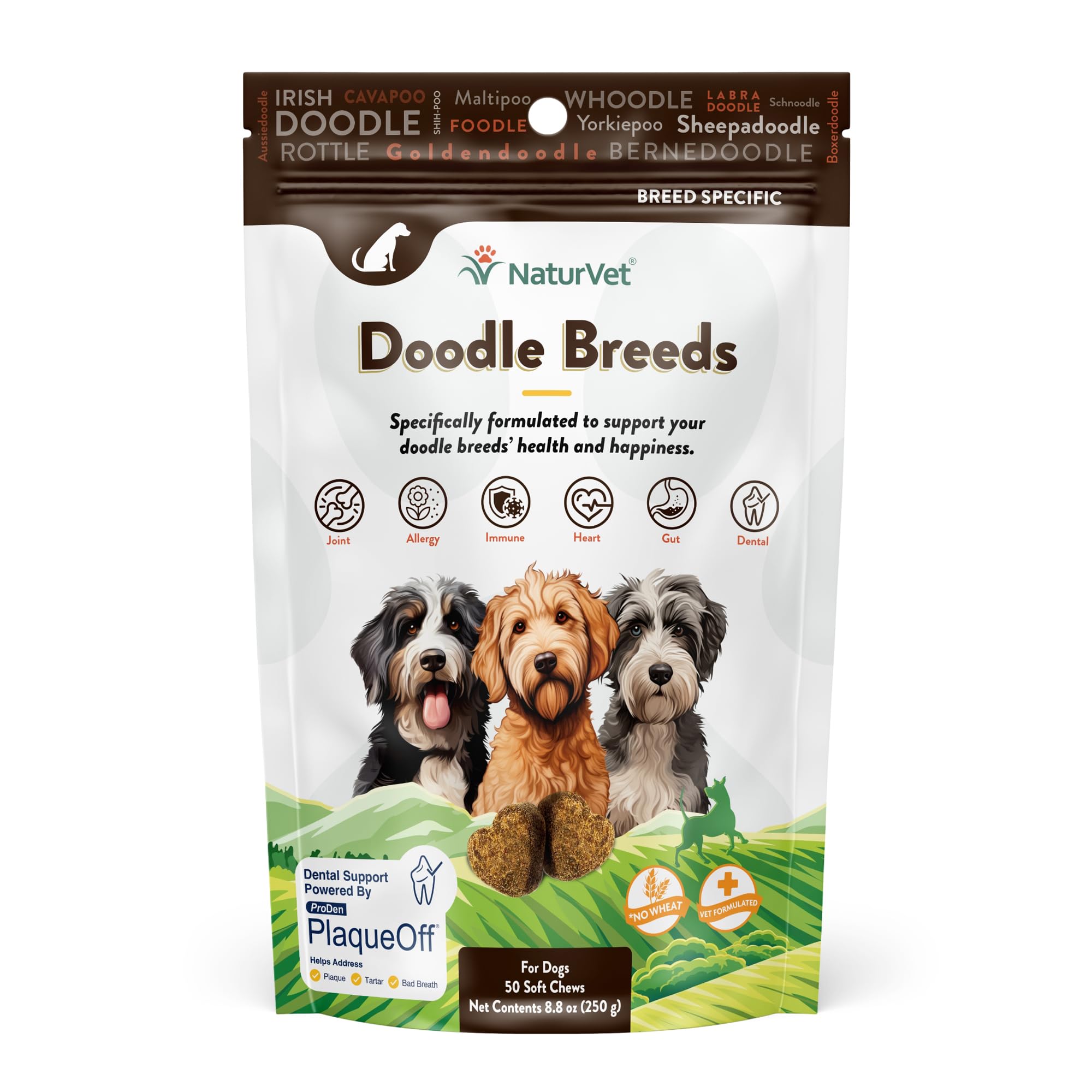 NaturVet Doodle Breeds soft chews bottle supports joints and coat health.