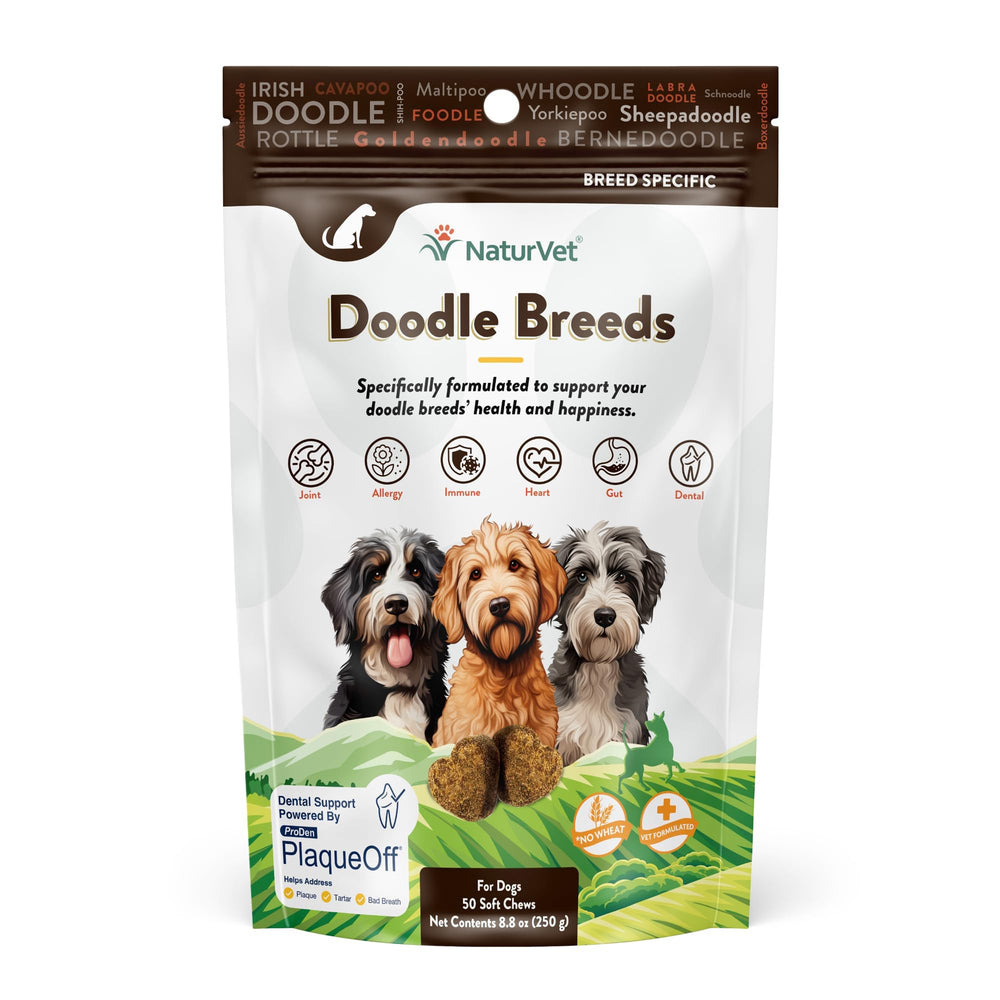 NaturVet Doodle Breeds soft chews bottle supports joints and coat health.
