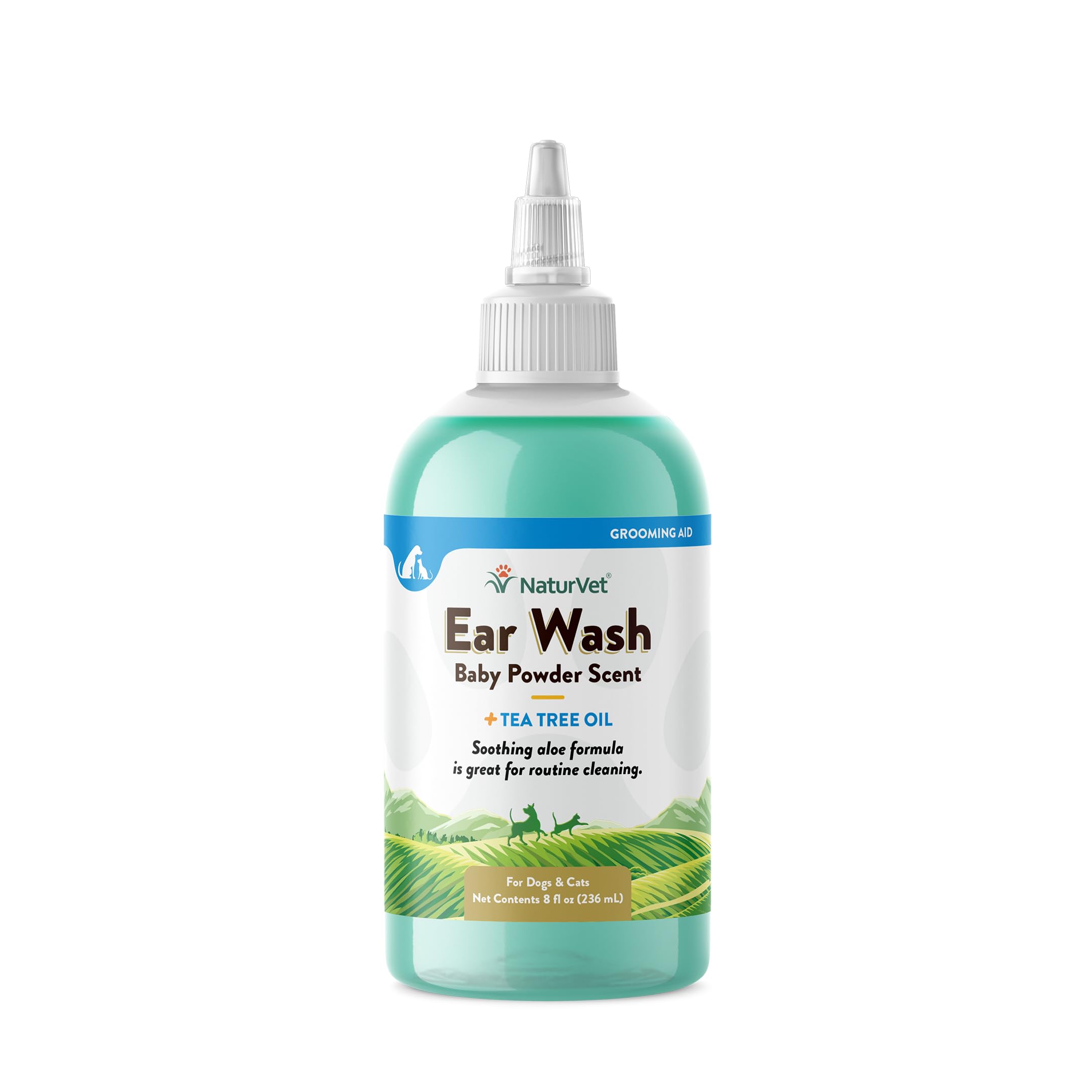NaturVet Ear Wash bottle with tea tree oil for gentle pet ear care.