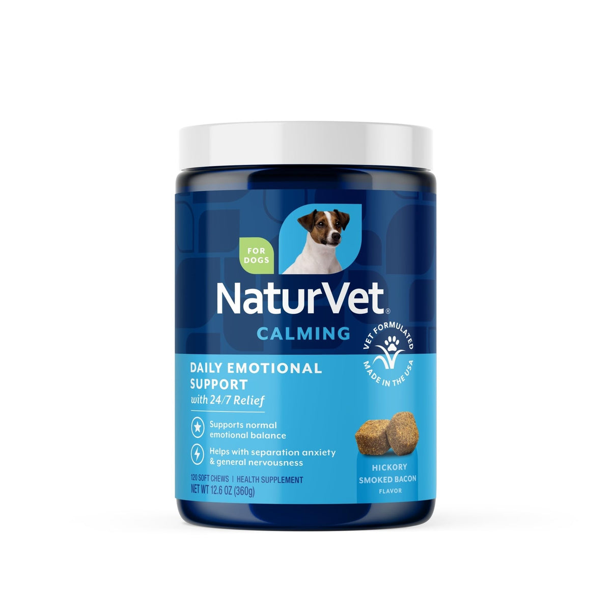 NaturVet Emotional Support daily calm bottle showing 120 soft chews for dogs