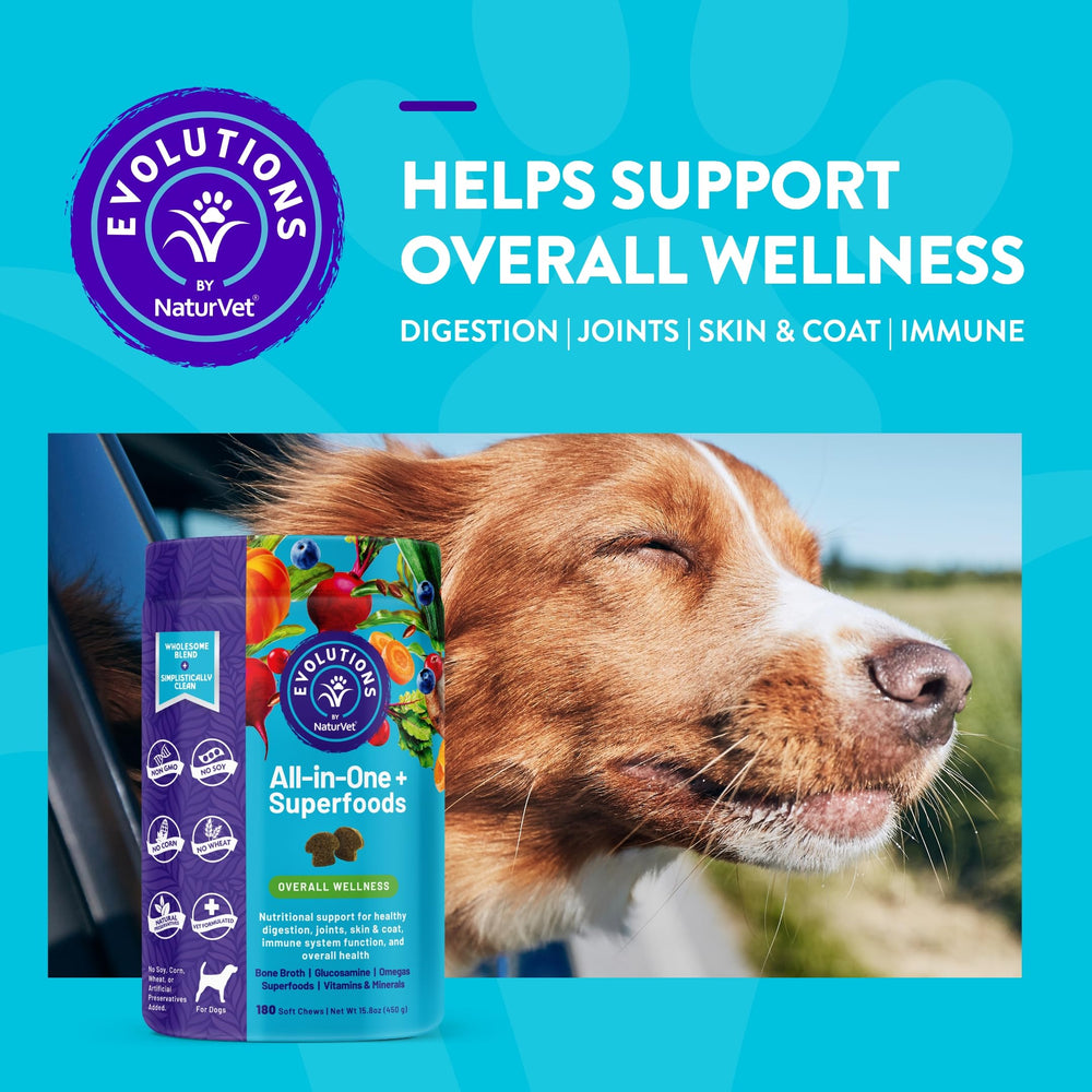NaturVet Evolutions supports digestive balance with prebiotics and enzymes for a healthy gut.