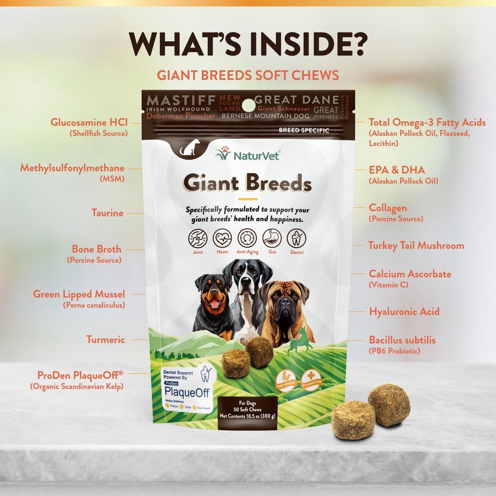 NaturVet Giant Breeds supplement label close-up showing omega-3 and minerals.