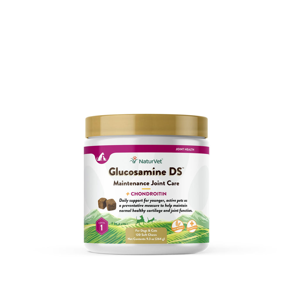 NaturVet Glucosamine DS Level 1 bottle on shelf supports easy access to joint care for pets.