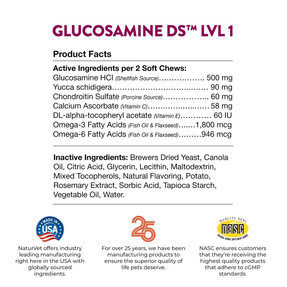 NaturVet Glucosamine DS Level 1 chews ready for daily use on countertop.