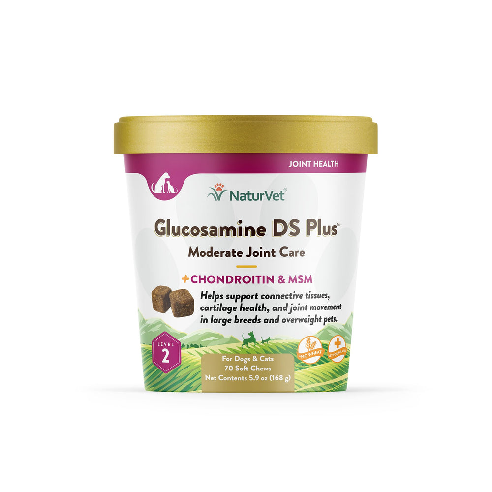 NaturVet Glucosamine DS Plus bottle with soft chews supports joint comfort.