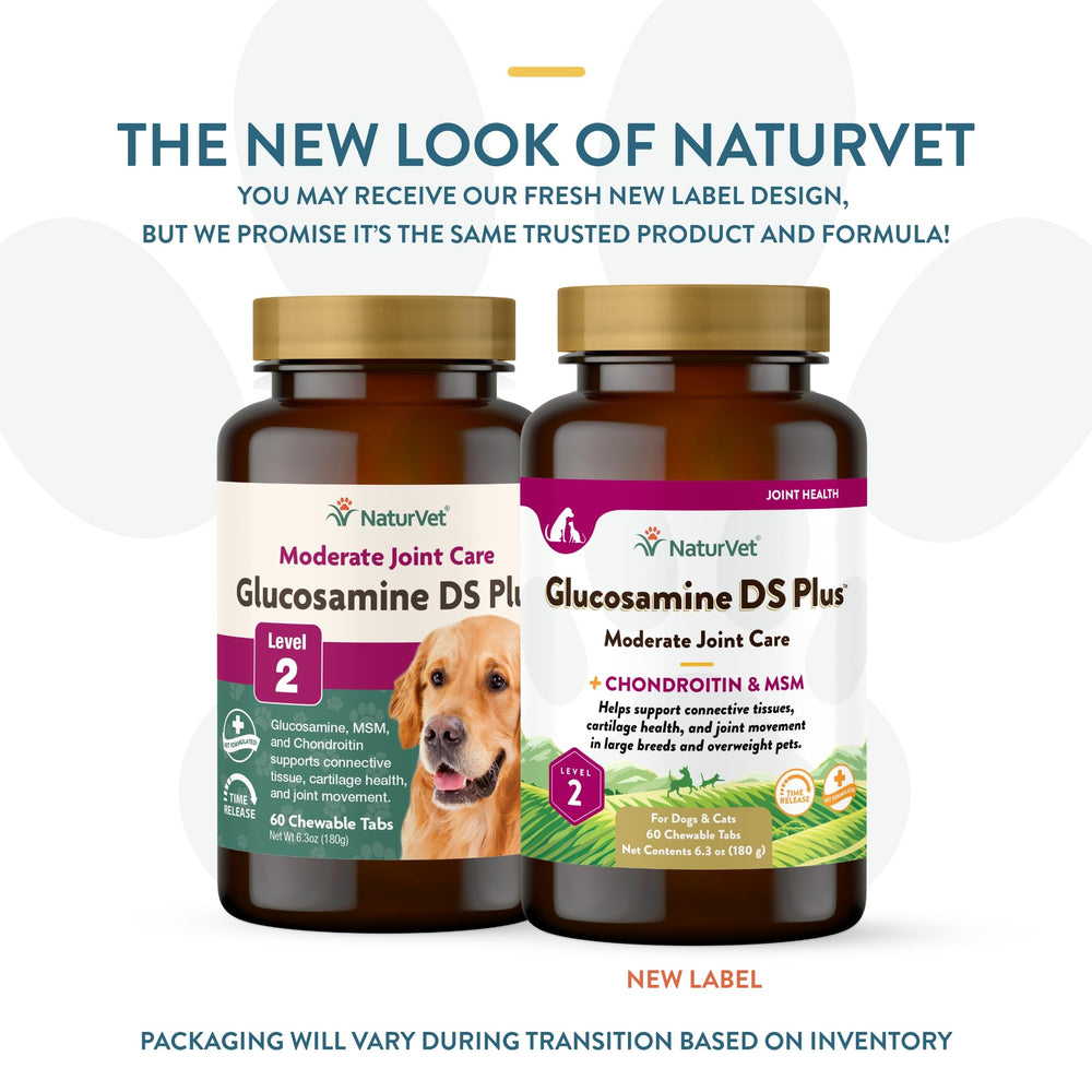 NaturVet Glucosamine DS Plus chewable tablets closeup highlights the time-release formula.