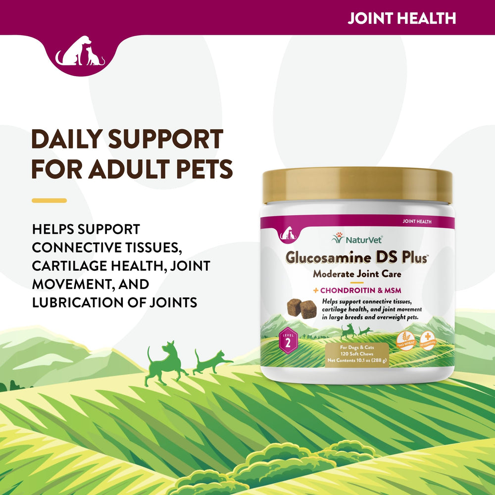 NaturVet Glucosamine DS Plus Level 2 label shows product purpose and ingredients.