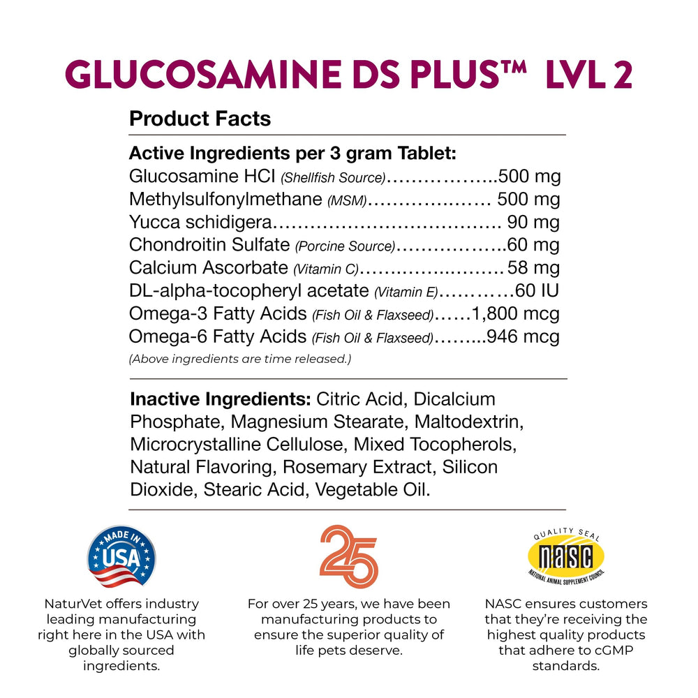 NaturVet Glucosamine DS Plus pet health supplement promotes flexible joints.