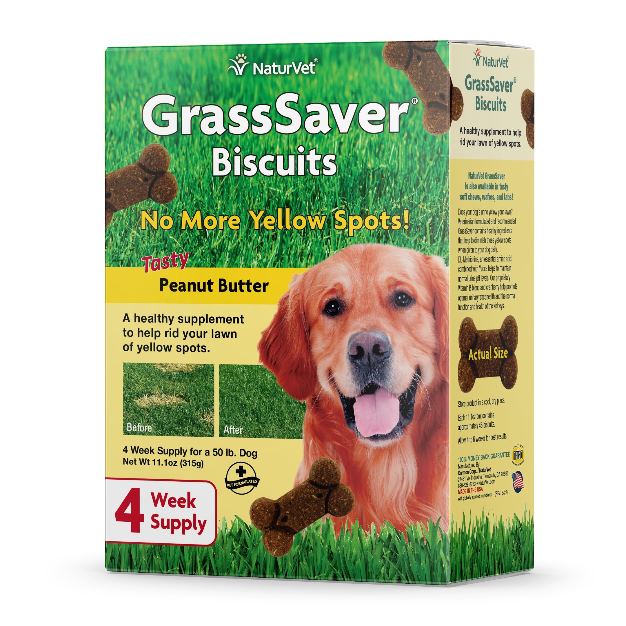 NaturVet GrassSaver packaging shows lawn care support for reducing yellow spots