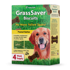 NaturVet GrassSaver packaging shows lawn care support for reducing yellow spots