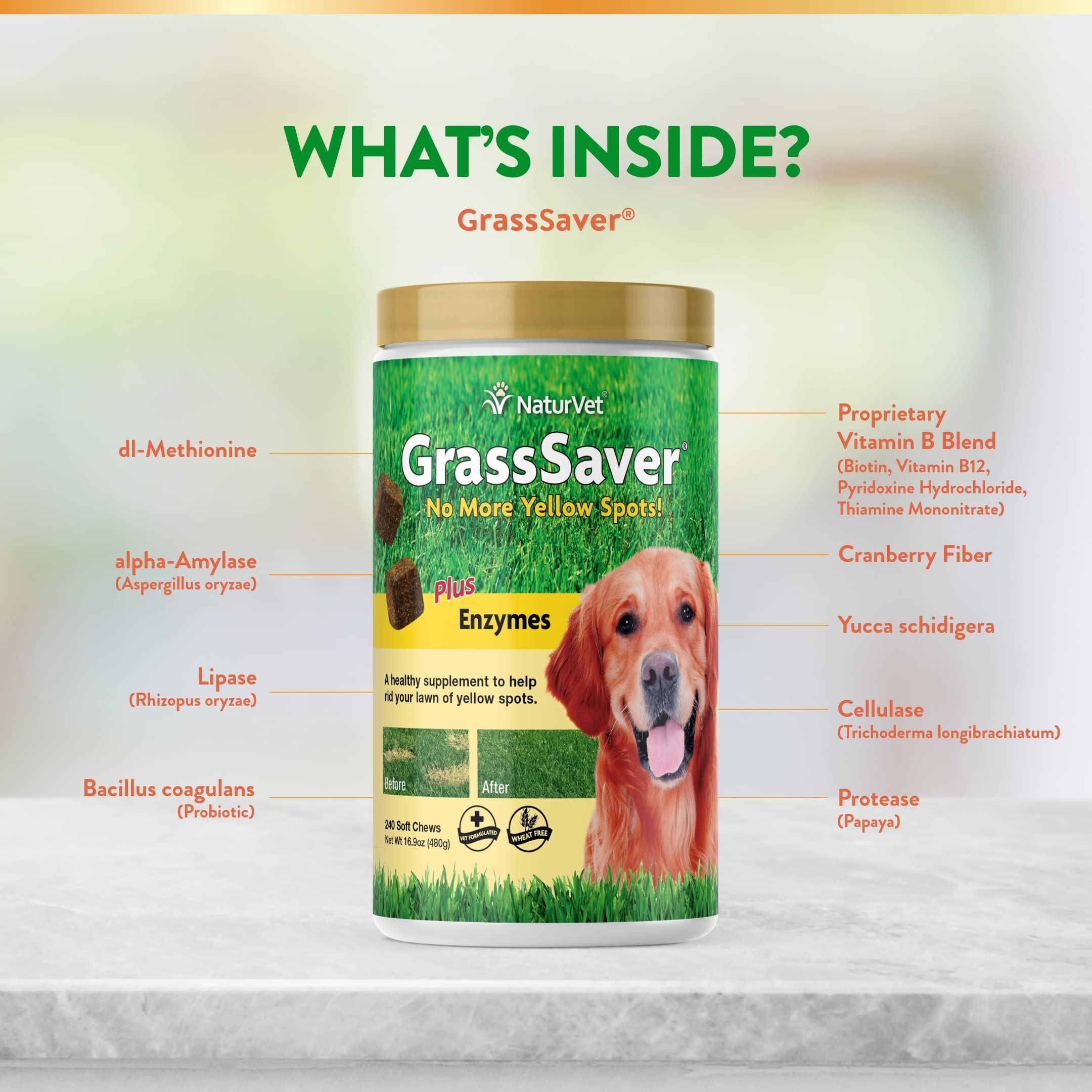 NaturVet GrassSaver bottle label emphasizes B-Complex vitamins and amino acids.