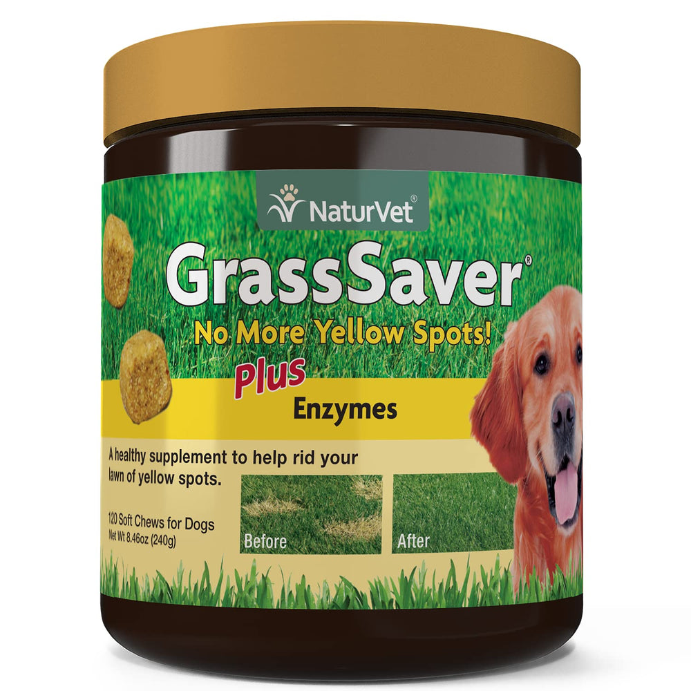 NaturVet GrassSaver soft chews front label view, a tasty daily support for your dog's health.