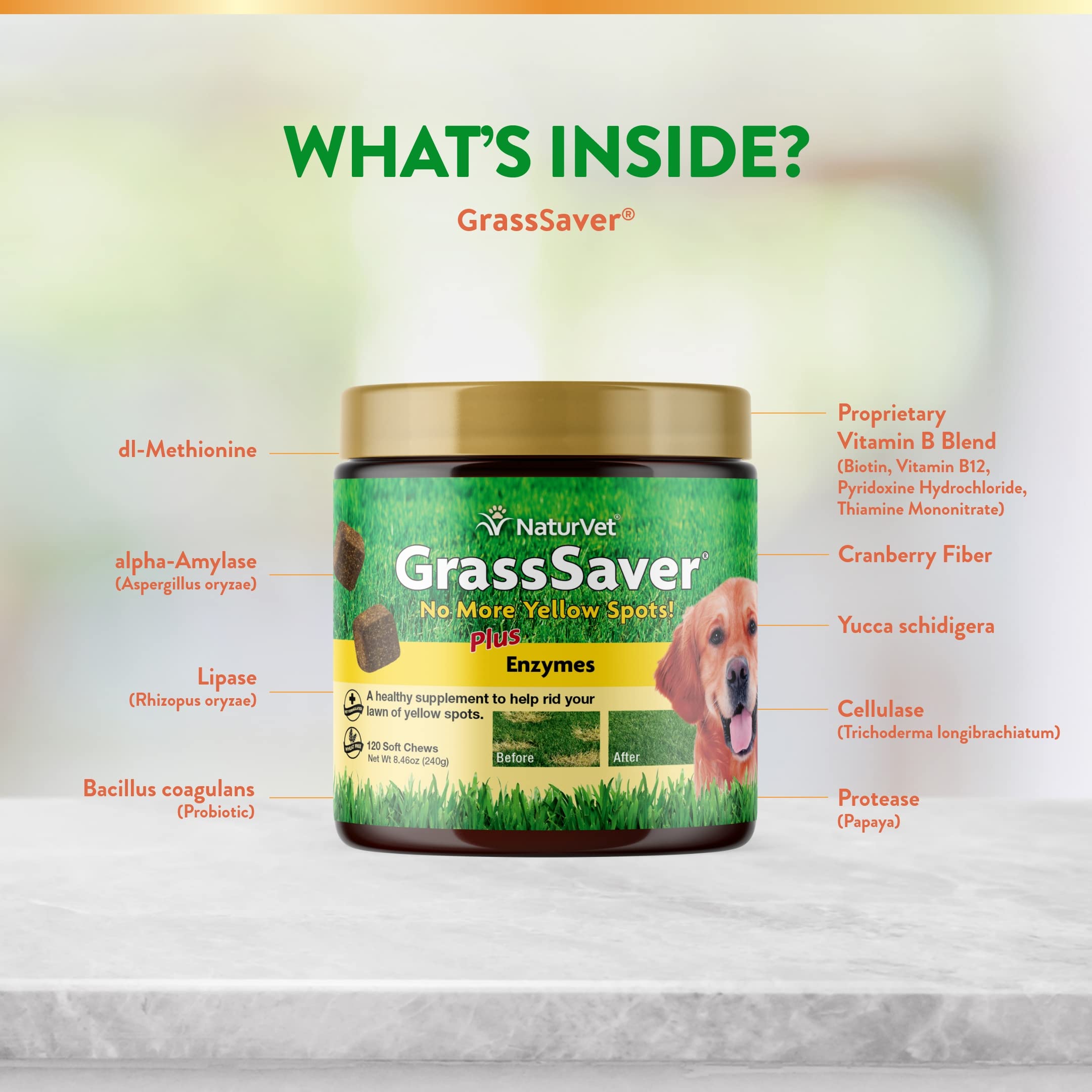 NaturVet GrassSaver lawn yellow spots image highlights a lawn care solution for dogs.