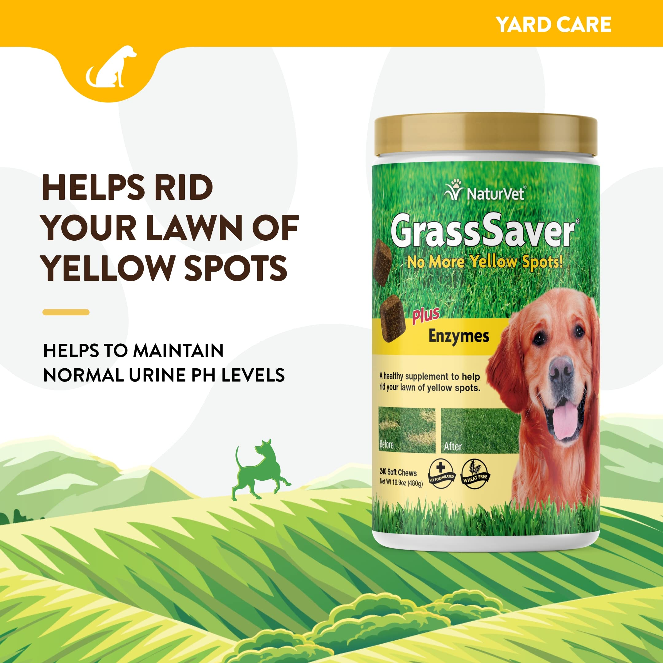 NaturVet GrassSaver closeup showing chew texture for dog-friendly daily use.