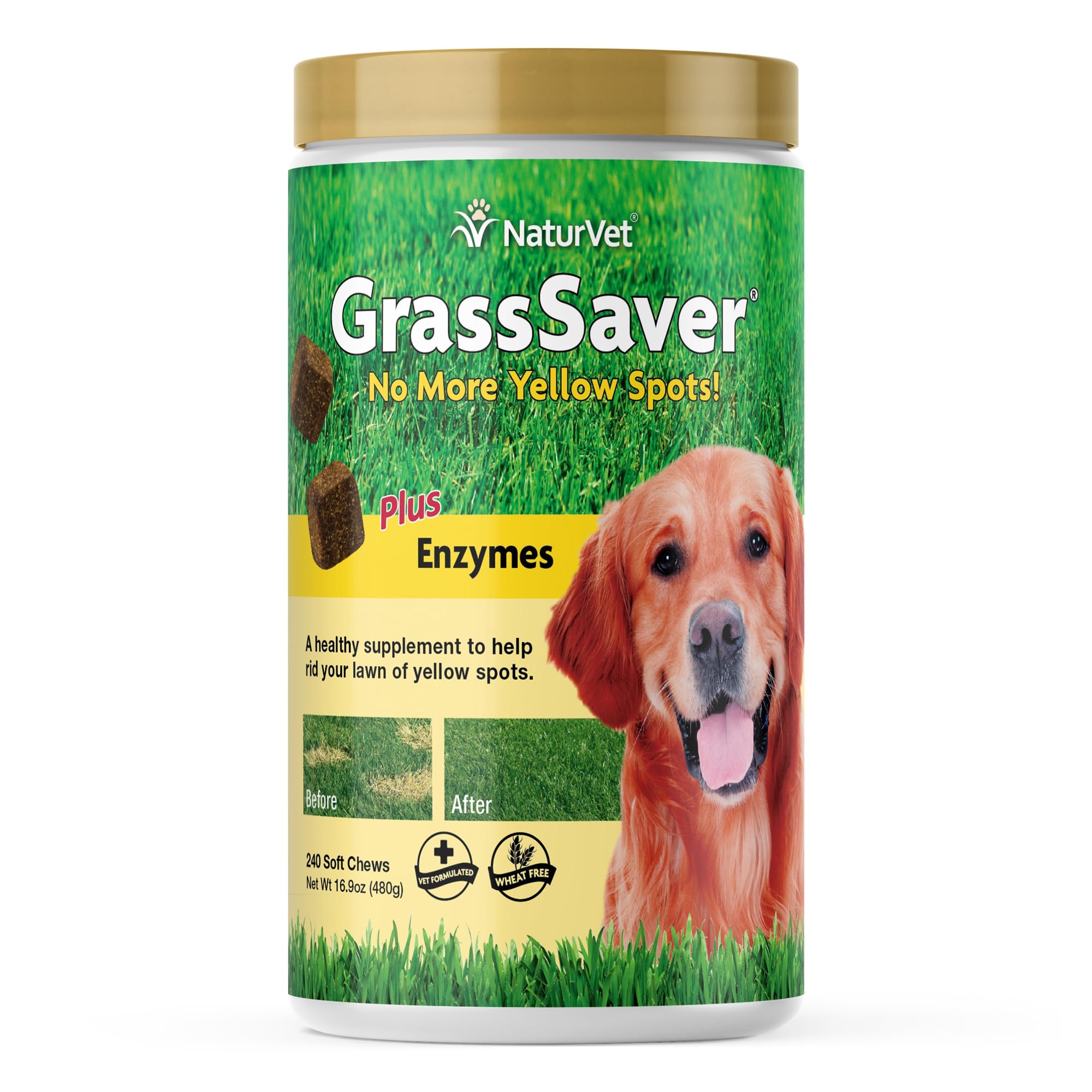 NaturVet GrassSaver soft chews in a jar support lawn health by reducing yellow spots.