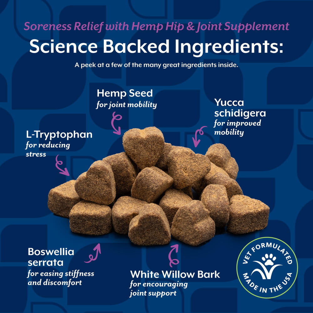 Ingredients panel highlighting hemp seed and glucosamine for joints.