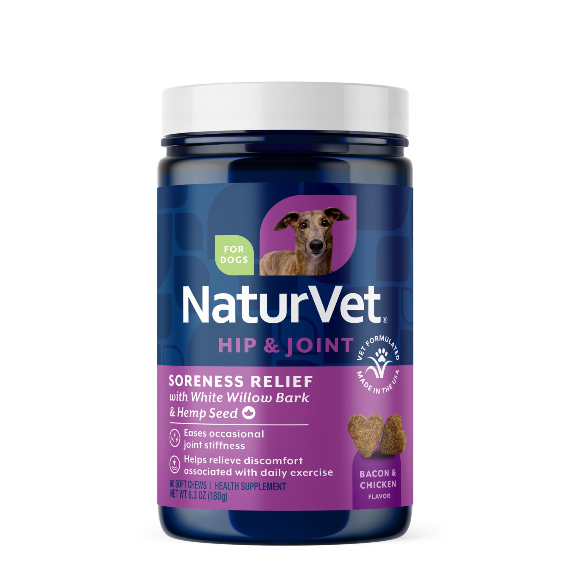 NaturVet Hemp Aches & Discomfort soft chews bottle for dogs promoting joint comfort.