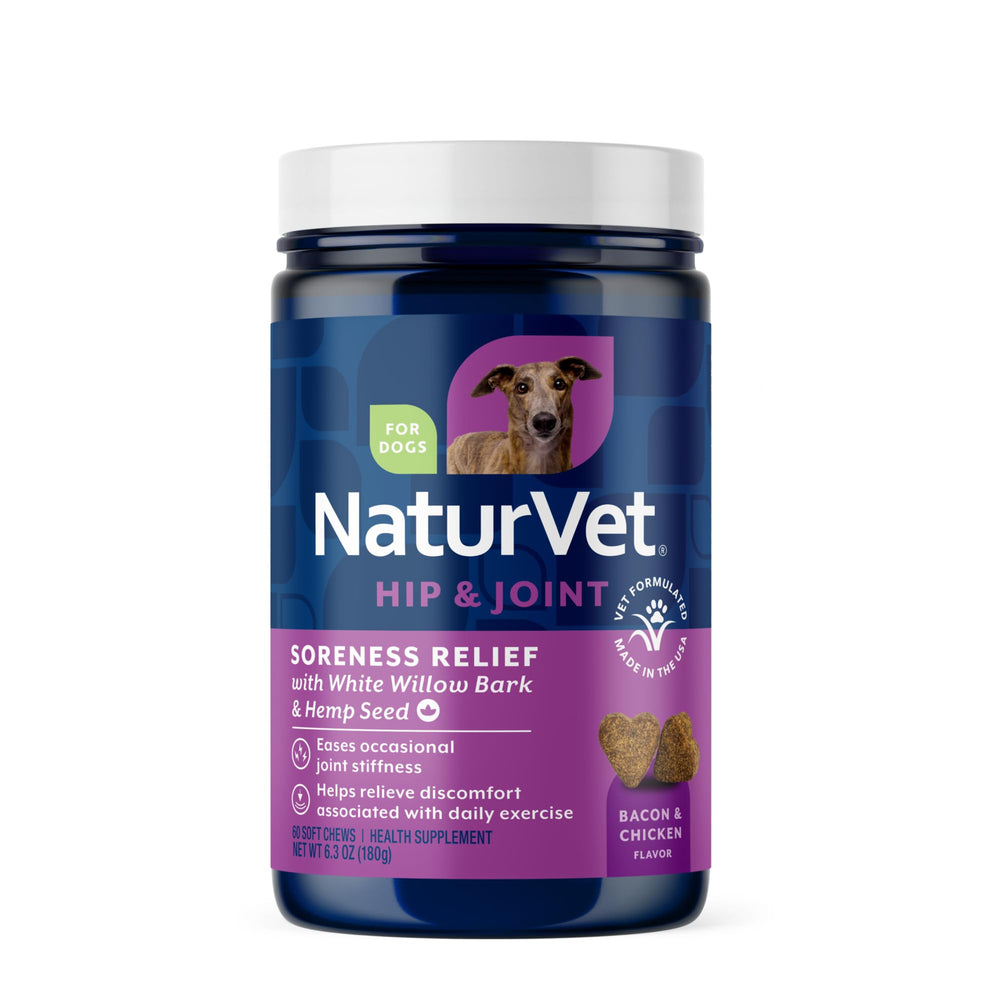 NaturVet Hemp Aches & Discomfort soft chews bottle for dogs promoting joint comfort.