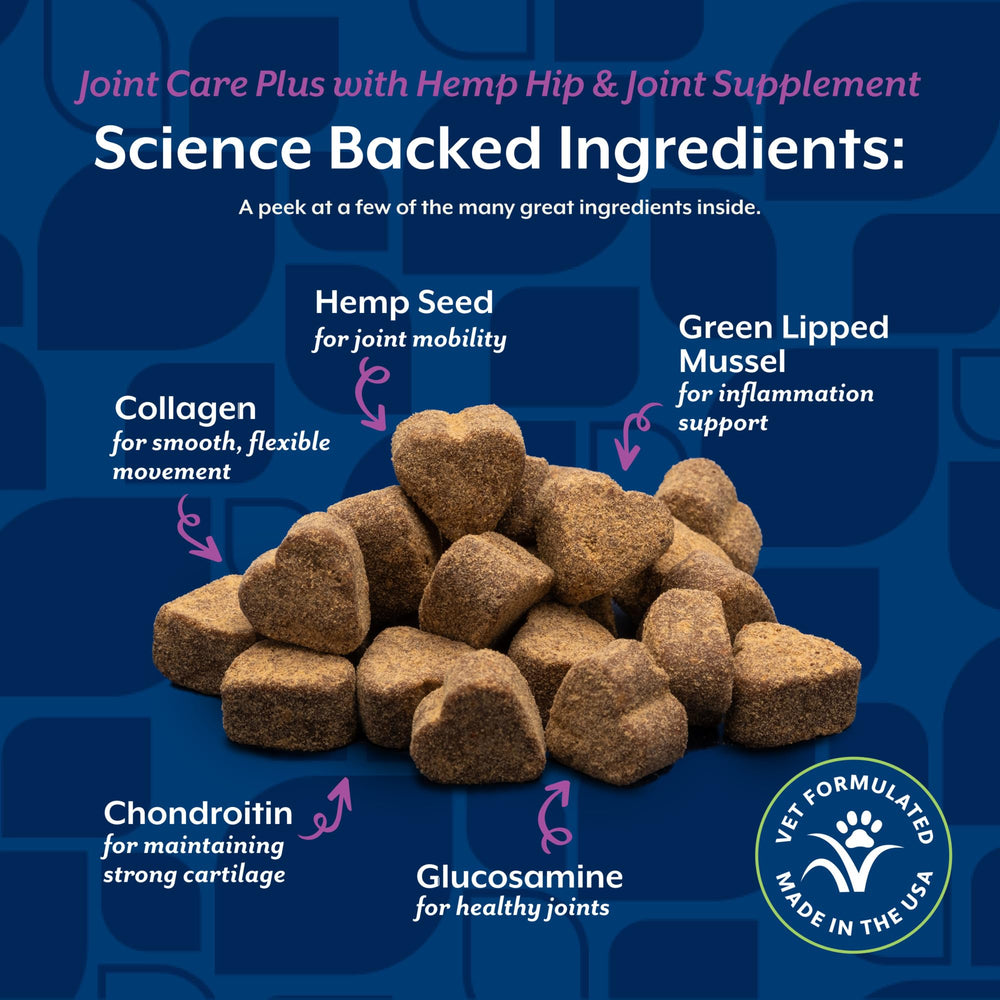 Omega fatty acids and hemp seeds on NaturVet joint health packaging.