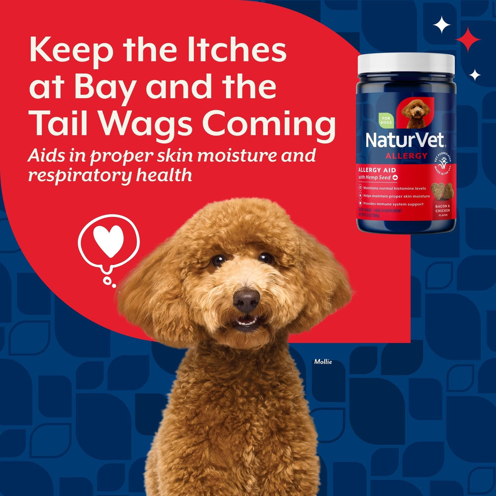 NaturVet Hemp Allergy Aid bottle and label emphasize USA-made quality and safety.