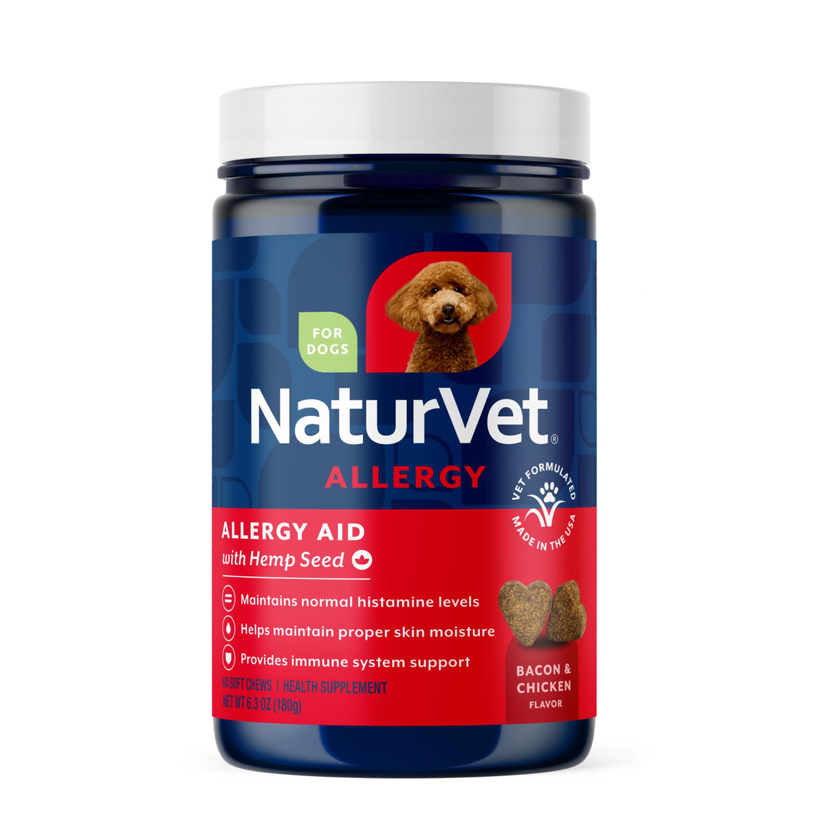 NaturVet Hemp Allergy Aid soft chews for dogs support seasonal comfort in daily routines.