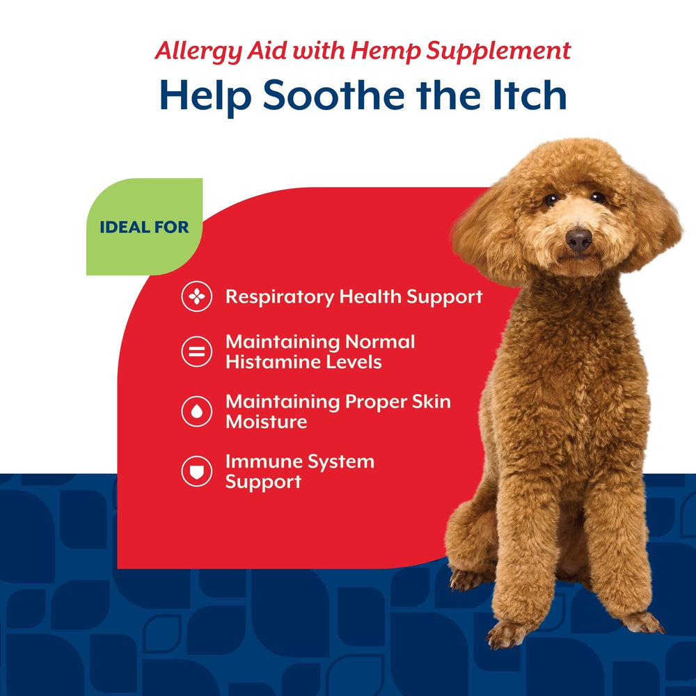 NaturVet Hemp Allergy Aid packaging details showcase premium ingredients and formula.
