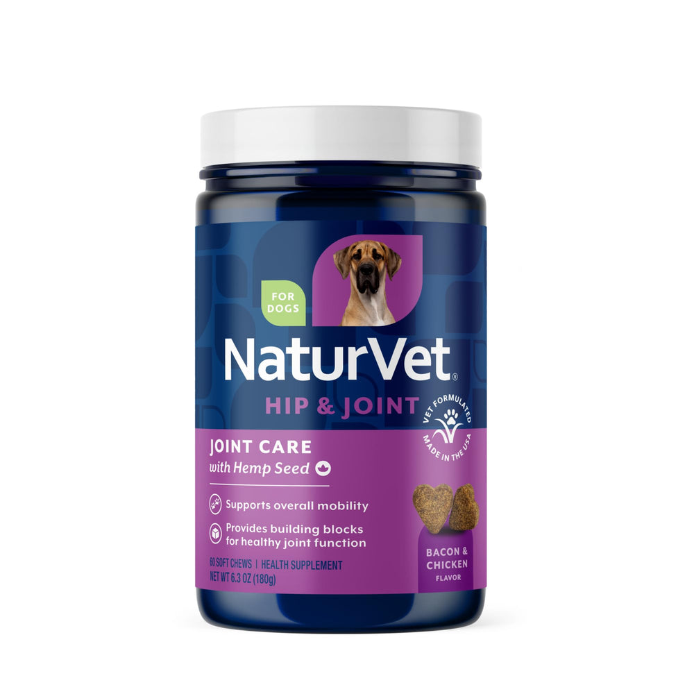 NaturVet Hemp Joint Health dog soft chews close-up, supports joint comfort and daily mobility.