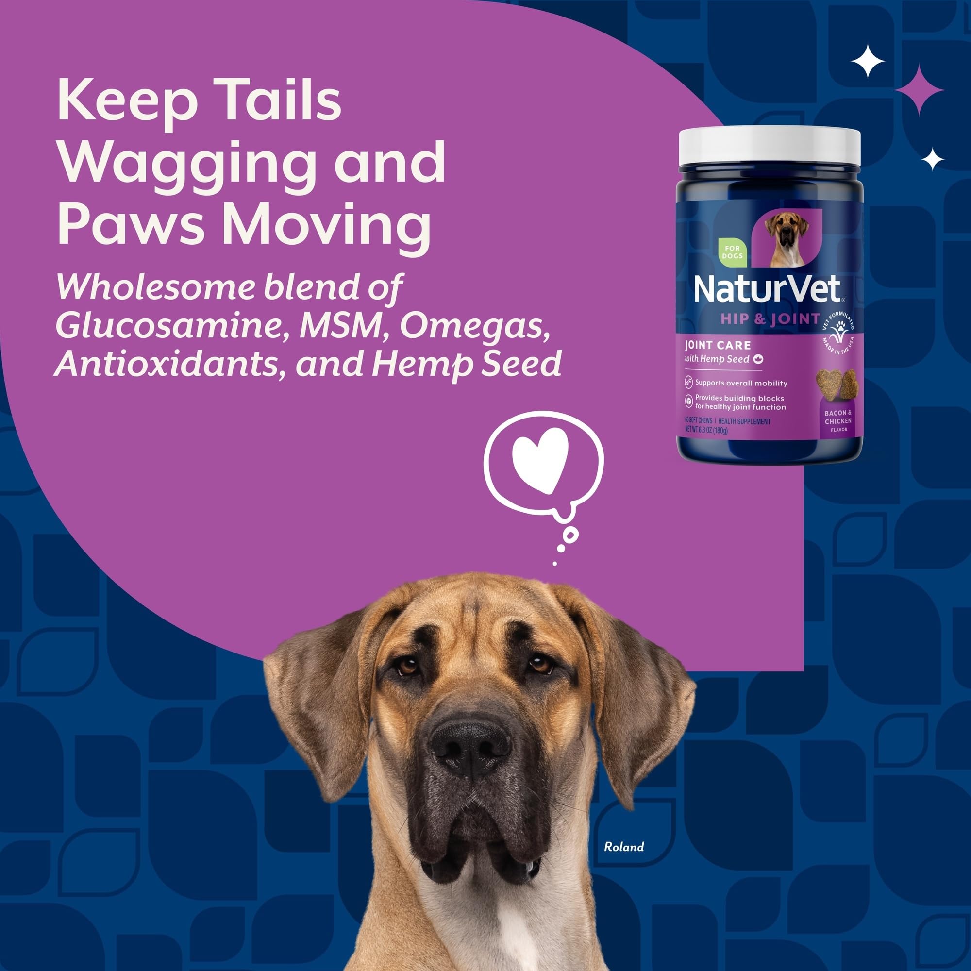 NaturVet Hemp Joint Health ingredients—glucosamine and chondroitin support connective tissues.