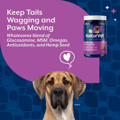 NaturVet Hemp Joint Health ingredients—glucosamine and chondroitin support connective tissues.