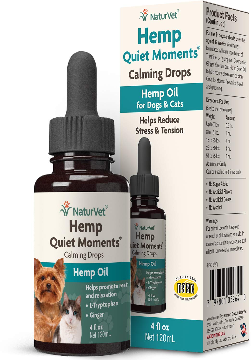 NaturVet Hemp Quiet Moments drops bottle with hemp oil for pet calming support