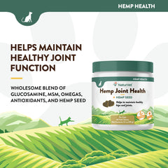 NaturVet Hemp Seed ingredient close-up emphasizes added nutrition for joint vitality.